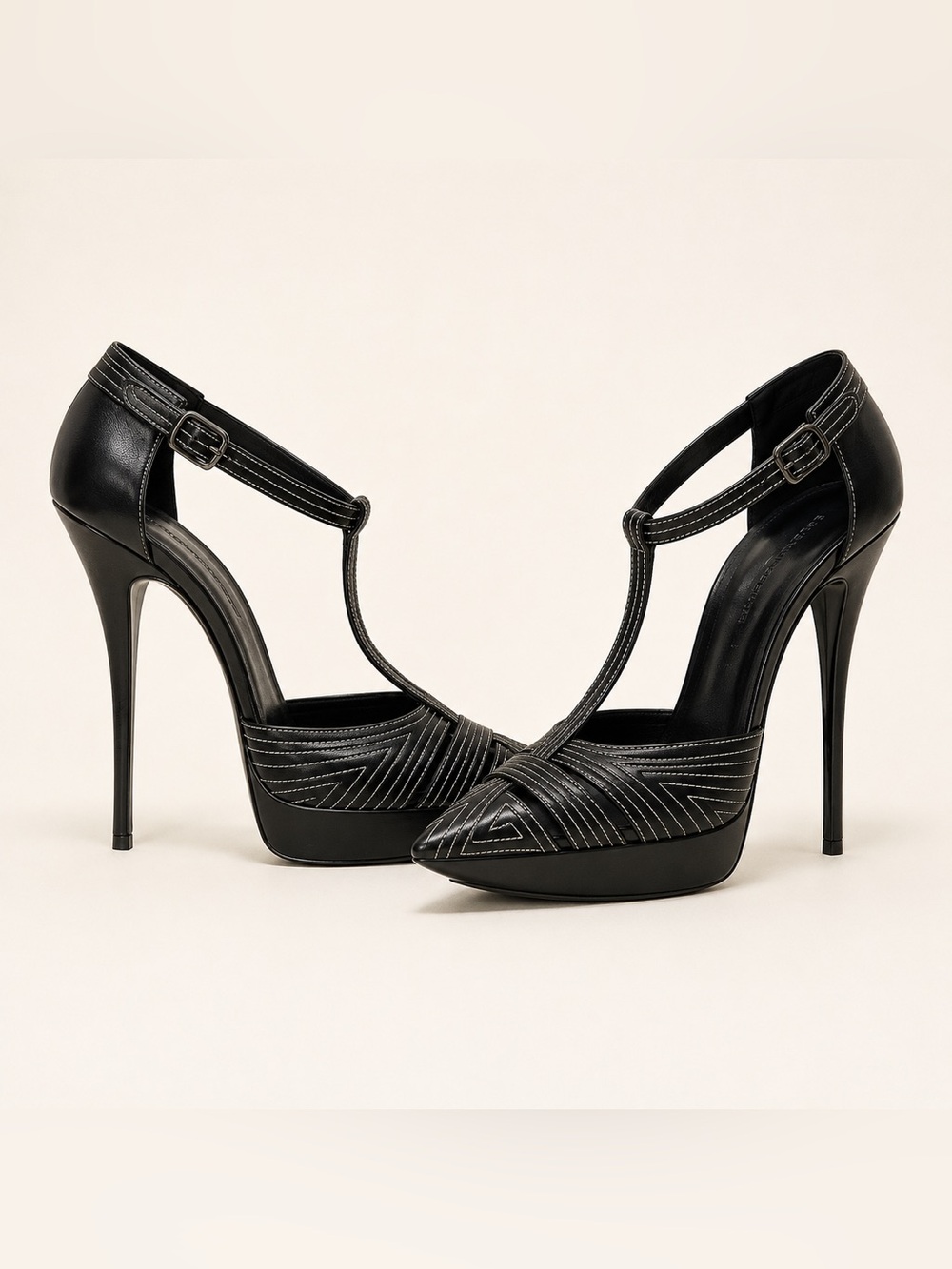 Balenciaga Paris Black Leather T-Strap Platform Stiletto Heels 38/7.5